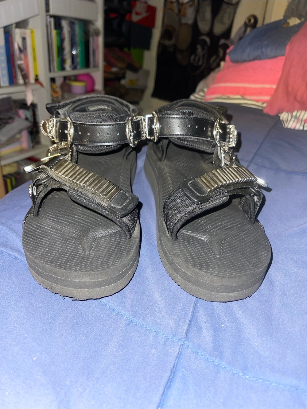 Suicoke Black Platform Buckle Sandals with Silver Hardware